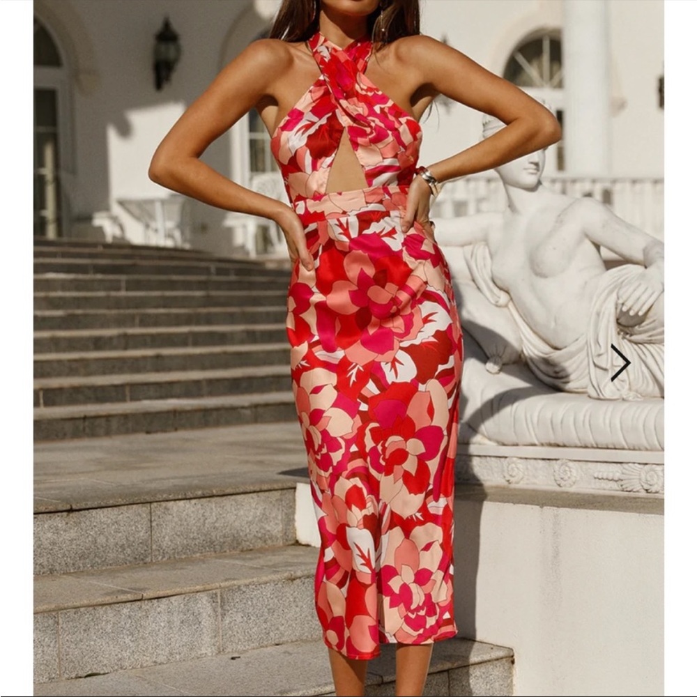 NEW Floral Twist Halter Midi Dress in Red and Pink